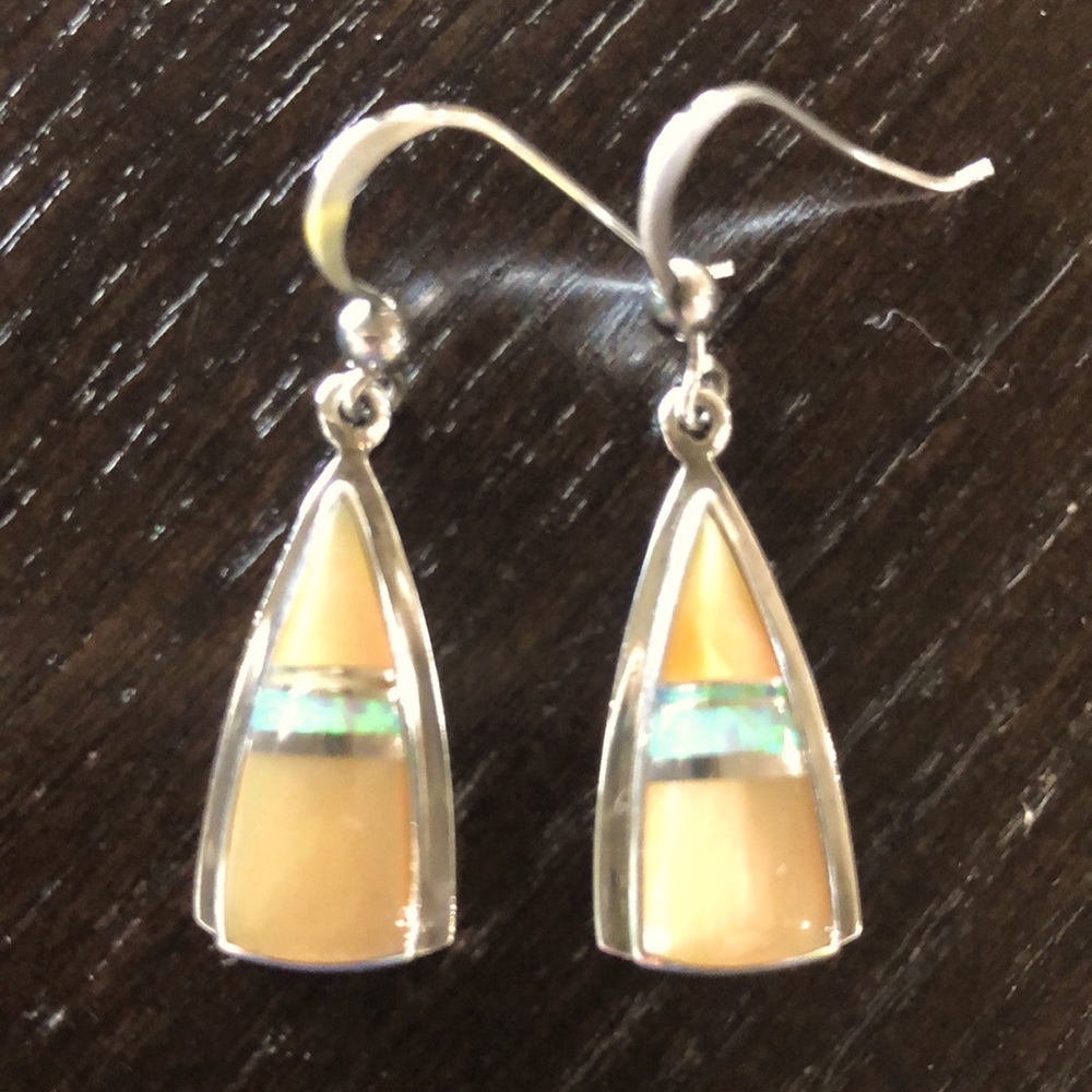 G Webster Navajo inlaid opal and sterling silver earrings